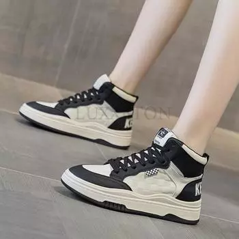 Genuine Leather Thick Sole Anti Slip Wear-resistant High Top High Rise Shoes Casual and Warm Plush Women Board Shoes 35 чёрный
