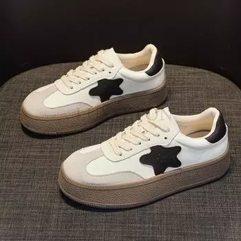 Genuine Leather Thick Soled Round Toe Women Training Shoes Are Soft Comfortable Have A Soft Elastic Sole Non Slip Board Shoes 35 бежевый