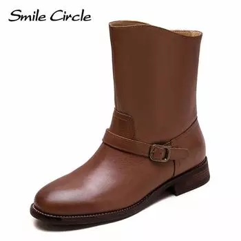 Genuine Leather Women Boots Round Toe Slip-On Short Boots Comfortable Fashion Casual Boots 35 коричневый