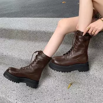 Женские сапоги из натуральной кожи, толстые, с круглым носком, до середины голени, повседневные, на британскую погоду, весна-осень, размер 34-39 34 коричневый