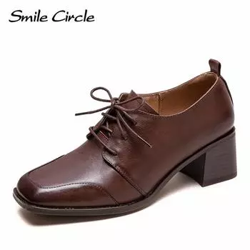 Женские туфли из натуральной кожи на высоком каблуке с квадратной головкой и шнуровкой, модная повседневная обувь в стиле ретро 35 коричневый