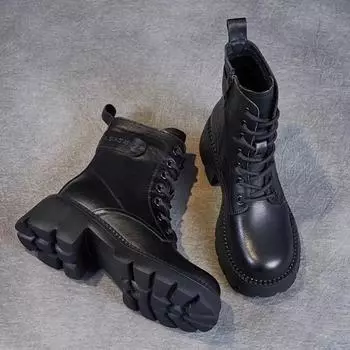 Genuine Leather Women s Boots Lightweight Soft Sole 2024 New Vintage Short Boots Platform Shoes Cow Leather Shoes for Women 34 коричневый