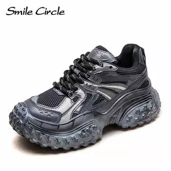 Женские кроссовки из натуральной кожи, увеличенная высота, толстая подошва, дышащая модная повседневная обувь 35 чёрный