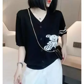 Genuine Product Clearance Discount Leak Detection 2025 Summer Thin V-neck Ice Silk Sweater Women s Loose Bear Short Sleeve Tops Black L