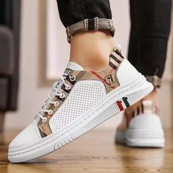 Genuine PU Leather Men Breathable Hollow Plaid Shoes Man Light Sneakers Outdoor Walking Trainers Loafers Summer Male Sandals 39