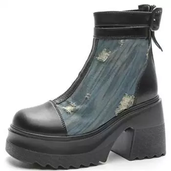 Genuine Round Toe Ladies Ankle Boots New Blue Canvas Denim Women s Boots Casual Comfortable Western Cowboy Boots Botines Mujer 34