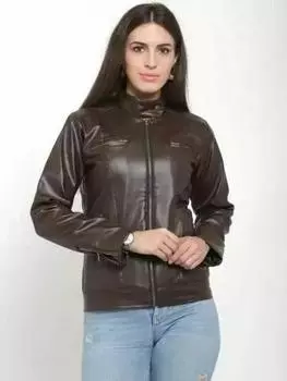 Genuine Stylish Lambskin Leather Brown Zipper Women Jacket Designer Motorcycle XS коричневый