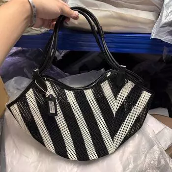 Genuine Tail Goods ~ Foreign Trade Original Order Woven Flyknit with Leather Leisure Vacation Idle Style Dumpling Bag One Shoulder Tote Bag Women Black and white In Stock