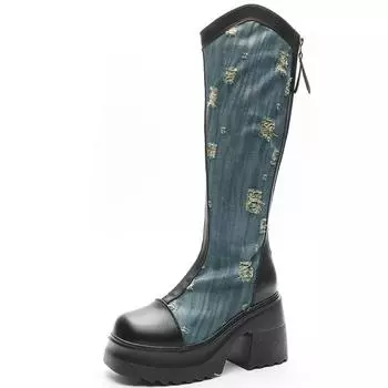 Genuine Winter Long Pipe Boot Women Fashion Back Zip Knee High Boots Female Elegant Platform Square Heel Women s Mordern Botties 34 бежевый