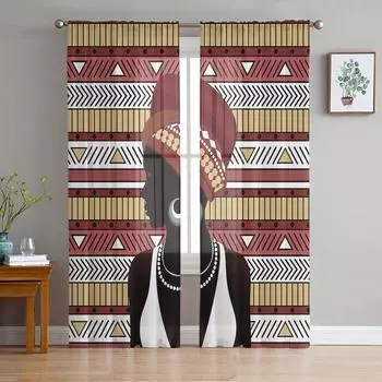 Geometic African Women Silhouette Tulle Sheer Window Curtains for Living Room Kitchen Children Bedroom Voile Hanging Curtain W135 x H114cm
