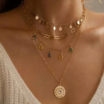 Geometric Disc Tassel Neck Chain Alloy Buckle Ring Rhinestone Tassel Concave-convex Disc Pendant 4-layer Necklace