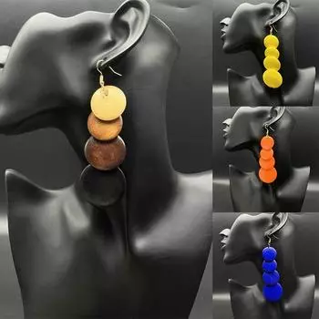 Геометрические серьги Деревянные разноцветные серьги Круглые ретро серьги Этнический стиль Первобытный ветер 11*3.5cm чёрный