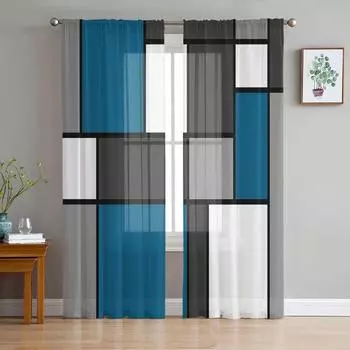 Geometric Figures Blue Abstract Sheer Curtains for Living Room Decoration Window Curtain Kitchen Tulle Voile Organza Drapes W135 x H115cm x1&Rod Pocket