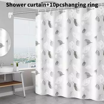 Geometric Leaf Pattern Peva Shower Curtain Waterproof Moldproof Divider Bathroom Grey,150x200cm