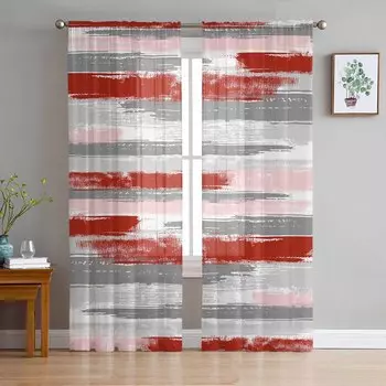 Geometric Line Oil Painting Style Red Gray Sheer Curtains for Living Room Decor Window Curtains Kitchen Tulle Voile Curtains W135 x H115cm x1