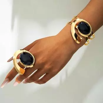 Geometric Metal Design Sense Hollow Opening Bracelet Ring Set, Fashionable Retro Punk Style