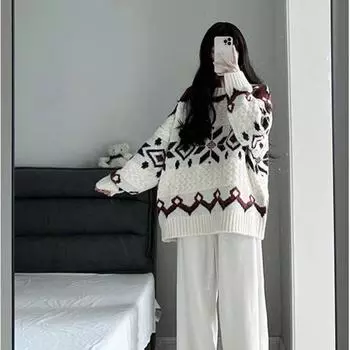 Geometric Pattern Striped Women Sweaters College Style Gentle Round Neck Knitted Sweater Autumn Loose Pullover Ladies Tops S