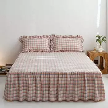 Geometric Plaid Pattern Bed Skirt Set 100% Cotton Ruffles Bed Cover High Quality Skin-friendly 3Pcs Bedding Set for Kids Adults 150x200x45cm 3pcs