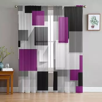 Geometric Purple Gray Black Abstract Sheer Curtains for Living Room Decoration Window Curtains Kitchen Tulle Voile Curtains W135 x H115cm x1