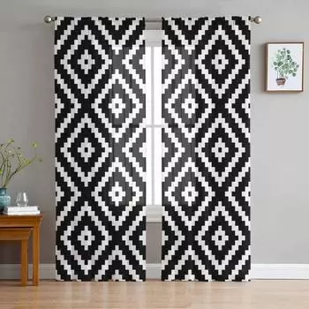 Geometric Square Texture Black White Sheer Curtains for Living Room Decoration Window Curtain Kitchen Tulle Voile Organza Drapes W135 x H115cm x1&Rod Pocket