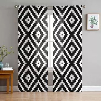 Geometric Square Texture Black White Sheer Curtains for Living Room Decoration Window Curtains Kitchen Tulle Voile Curtains W135 x H115cm x1