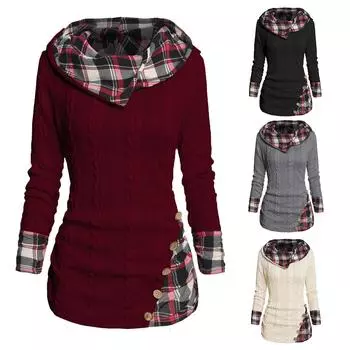 Топ с капюшоном и геометрической полосой, топ на пуговицах с длинными рукавами, пуловеры, топы для женщин L чёрный