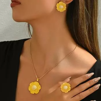 Geometric wind women s necklace earrings set personalized flower inlaid rice beads design open ring women