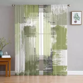 Геометрическая абстракция, картина маслом, шалфей, зеленый, тюлевые шторы для гостиной, прозрачные занавески для спальни, кухни, жалюзи, шторы 135W x 114H(cm)