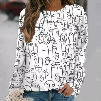 Геометрическая Абстракция Женская Толстовка С Капюшоном 3D Портрет Печатная Футболка Ретро Искусство Футболка С Длинным Рукавом Женская Повседневная Одежда Домашняя Одежда S