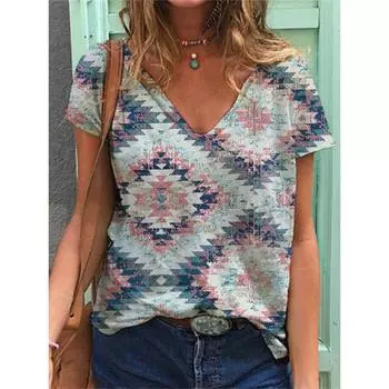 Геометрическая графика 3D принт футболки женские этнический стиль винтаж уличная одежда футболки топы женские футболки с V-образным вырезом свободная одежда XS