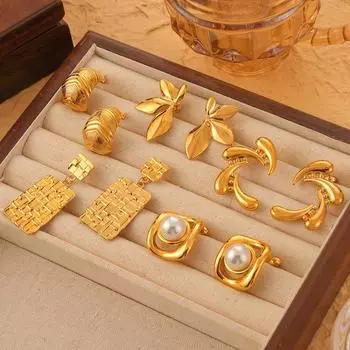 Геометрическая имитация жемчужной текстуры серьги из титановой стали литье ювелирные изделия универсальный новый 18-каратное настоящее золотое покрытие сохранение цвета комплект