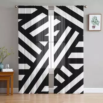 Геометрическая полосатая черная белая тюль оконная отделка прозрачные шторы для кухни гостиной спальни шторы украшения W135 x H114cm