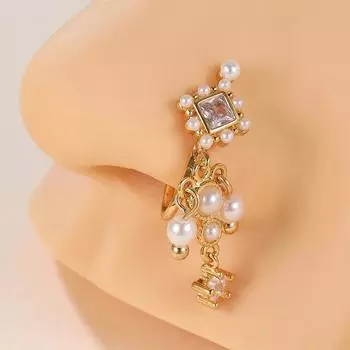 Геометрическая ромбовидная бахрома из меди и циркония с жемчугом, зажим для носа, кольцо для носа для женщин, неперфорированные украшения для носа, темперамент