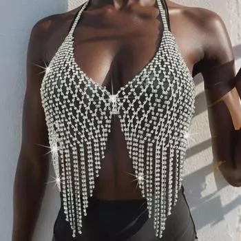 Геометрическая сетка со стразами и кисточками на шее - бюстгальтер с преувеличенными бриллиантами для ночных клубов серебряный