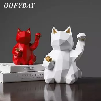 Геометрическая скульптура кота на удачу – современная статуя удачи из смолы для декора дома и офиса Red S