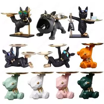 Геометрическая скульптура медведя для хранения с поддоном из смолы, держатель ключей, статуэтка бульдога, художественная фигурка для входа, поделки, товары для дома оранжевый