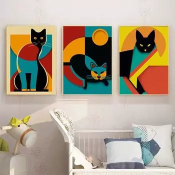 Геометрические Баухаус кошки художественные постеры и принты Современная абстракция Vinatge Искусство Холст Картина Настенная картина украшение дома 21x30cm No Framed