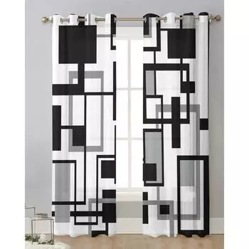 Геометрические черно-бело-серые тюлевые занавески для гостиной, спальни, современные прозрачные занавески для оформления окна W135 x H115cm
