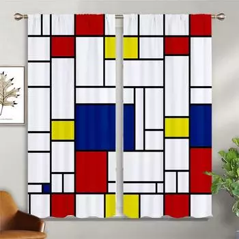 Геометрические цветные клетчатые шторы, оконные шторы, 100% полиэстер, карманы на штанге, комната для мальчиков, гостиная, кухня, кабинет W50xH130(CM)x2PCS&Rod pocket