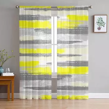 Геометрические линии, желтая прозрачная штора для украшения гостиной, оконные шторы для кухни, тюль, вуаль, органза, шторы W135 x H115cm x1
