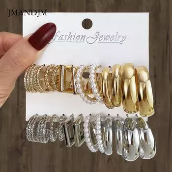 Геометрические многослойные серьги с жемчугом типа C, серьги-гвоздики, 6 пар, набор сережек-карт, комбинированные женские alloy