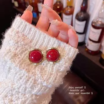 Геометрические серьги Ankola Red Bead – ретро-стиль Гонконга золотой