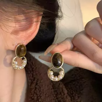 Геометрические серьги с янтарем и жемчугом - серебро 925 пробы, роскошный нишевый дизайн для модных женщин A1346 золотой