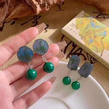 Геометрические серьги в современном китайском стиле с имитацией зеленого агата – национальный тренд, универсальный дизайн A1933 Square зелёный