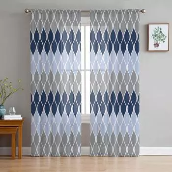 Геометрические серо-голубые занавески середины века для украшения гостиной, оконные занавески, тюль, вуаль, занавески из органзы для кухни W135 x H115cm x1