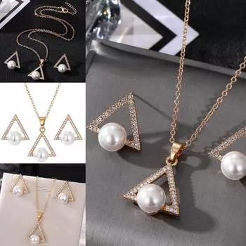 Геометрические треугольные серьги, ожерелье, модные роскошные серьги с инкрустацией жемчугом для девочек, студенток, простое ожерелье, универсальные аксессуары, серьги золотой