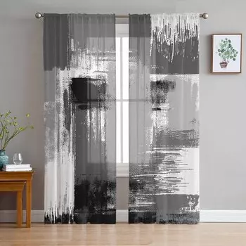 Геометрический абстрактный стиль масляной живописи серые прозрачные шторы для гостиной декор оконные шторы кухонные тюль вуаль шторы W135 x H115cm x1