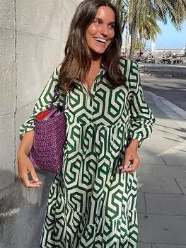 Геометрический принт миди оверсайз свободные женские платья с длинным рукавом летний пляжный женский халат M зелёный