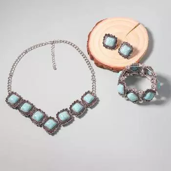 Геометрический темперамент универсальный комплект ожерелий ретро легкий роскошный дизайн серьги светло-зеленый ювелирный браслет 44+7cm зелёный