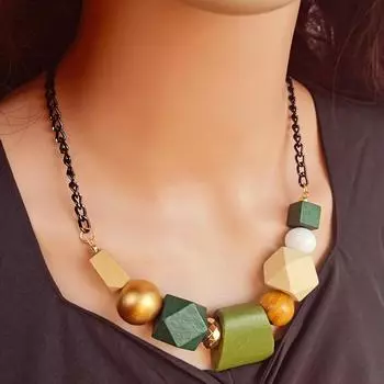Геометрическое деревянное ретро этническое ожерелье в стиле колор-блок, ожерелье ручной работы, женское ожерелье из бисера, аксессуары 60cm kelly зеленый